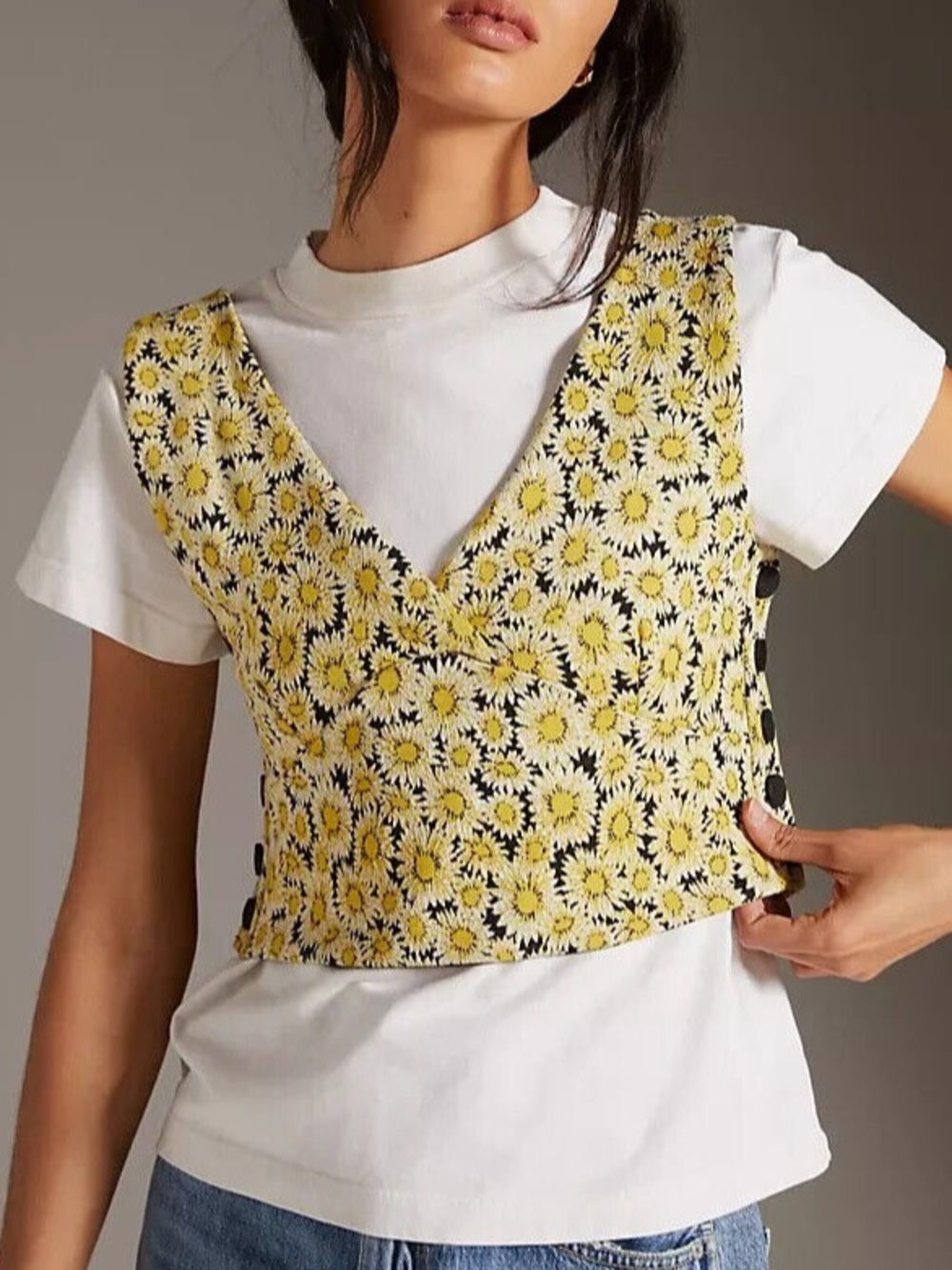 Maeve Anthropologie Daisy Vest Crop Top XS Yellow Floral